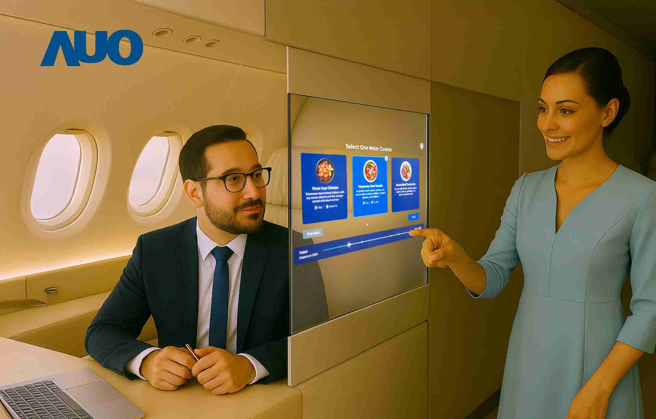 彩运网研发全球最薄17.3 吋双面透明 Micro LED 显示器，，，，可在同一屏幕之双边投射不同信息，，创造独特的”透明化”互动；图为实时翻译交流应用情境